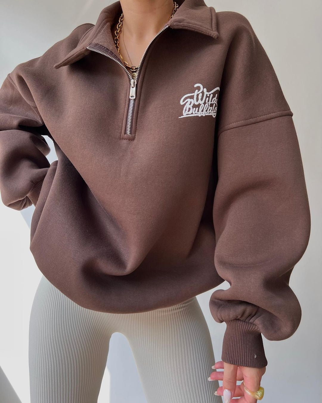 Damen Oversized Halbzip-Sweatshirt mit Stehkragen und gesticktem Logo Drune