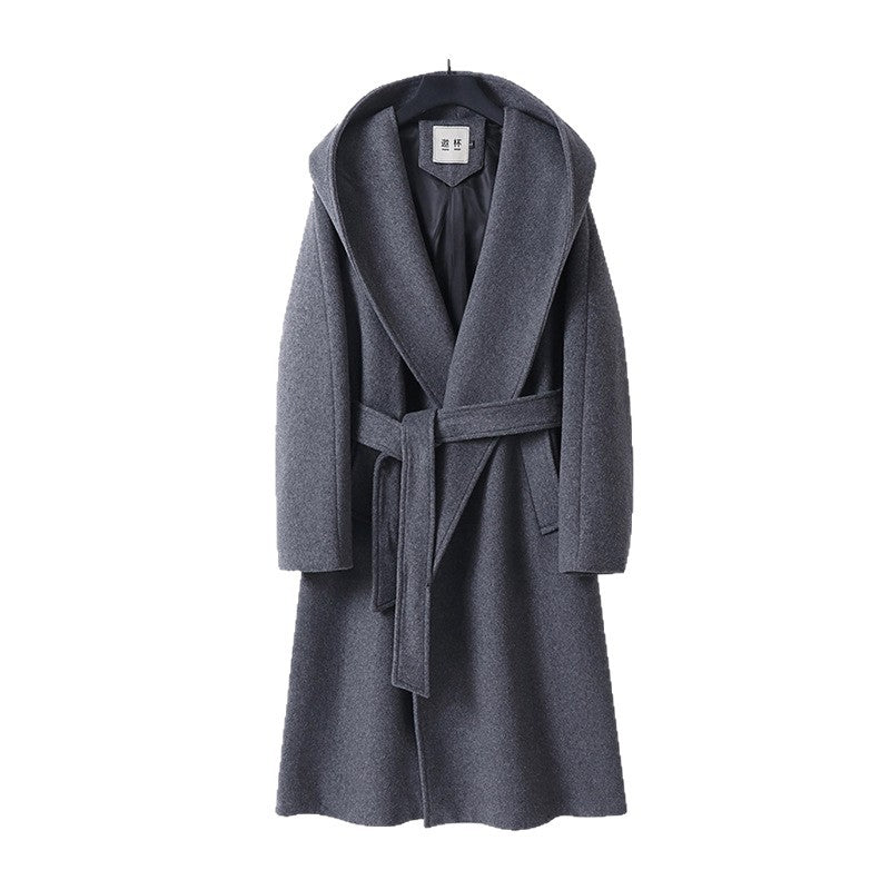 Damen Maxi-Mantel mit überzogener Kapuze, Bindegürtel und minimalistischer Wollmix‑Silhouette Drune