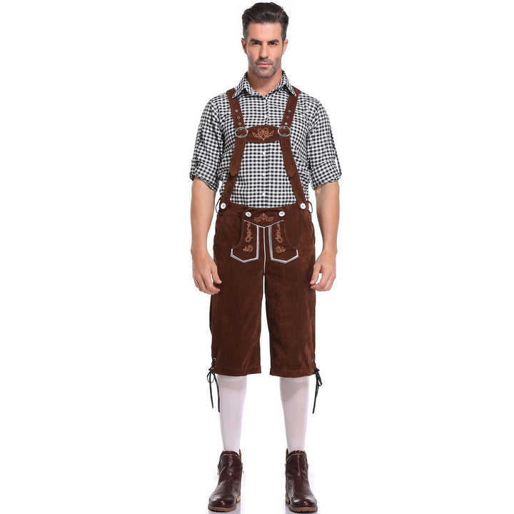 Damen nan kurze Trachten-Latzhose mit gesticktem Hirschmotiv, verstellbaren Trägern und Spitzenbordüre Drune