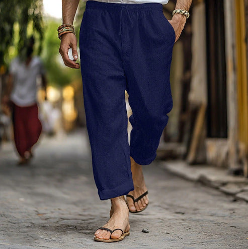 Herren lässige Leinen-Joggerhose mit elastischem Tunnelzugbund, seitlichen Eingrifftaschen und aufrollbarem Saum Drune