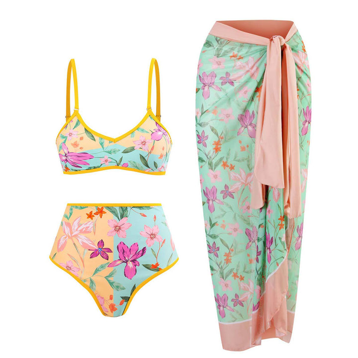 Damen Hochgeschnittener Bikini mit floralem Muster und kontrastierendem Detail Drune
