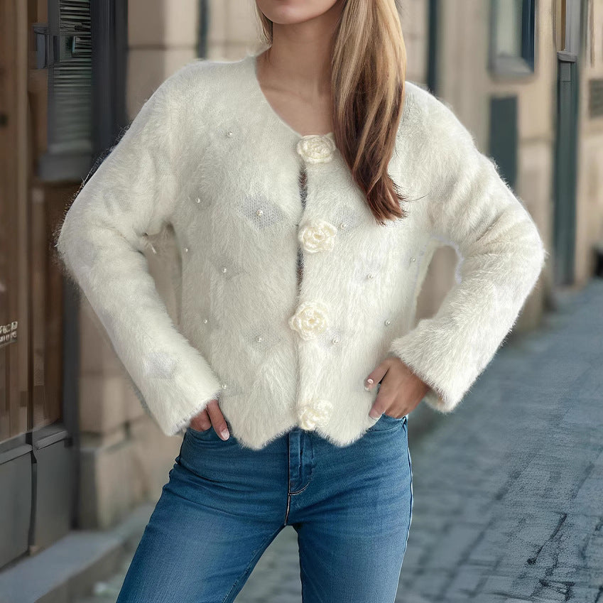 Damen Strickjacke mit floralen Applikationen und perlverzierter Detail Drune