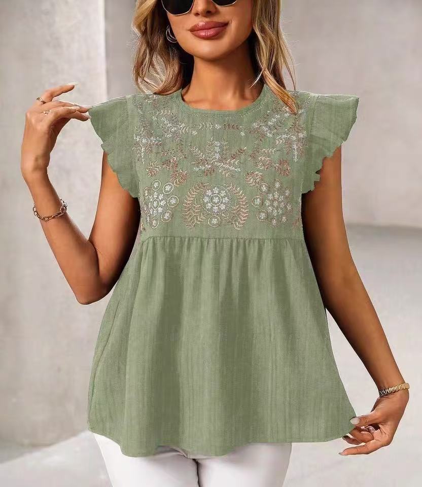 Damen Lockeres besticktes Babydoll-Top mit Rüschenärmeln Drune