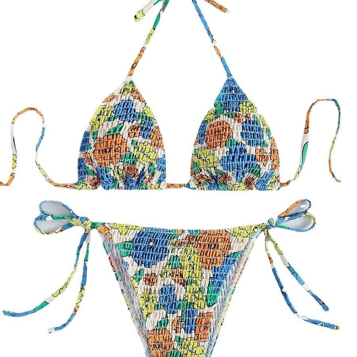 Damen Triangel-Bikini mit buntem Floral-Muster und elastischen Bindebändern Drune