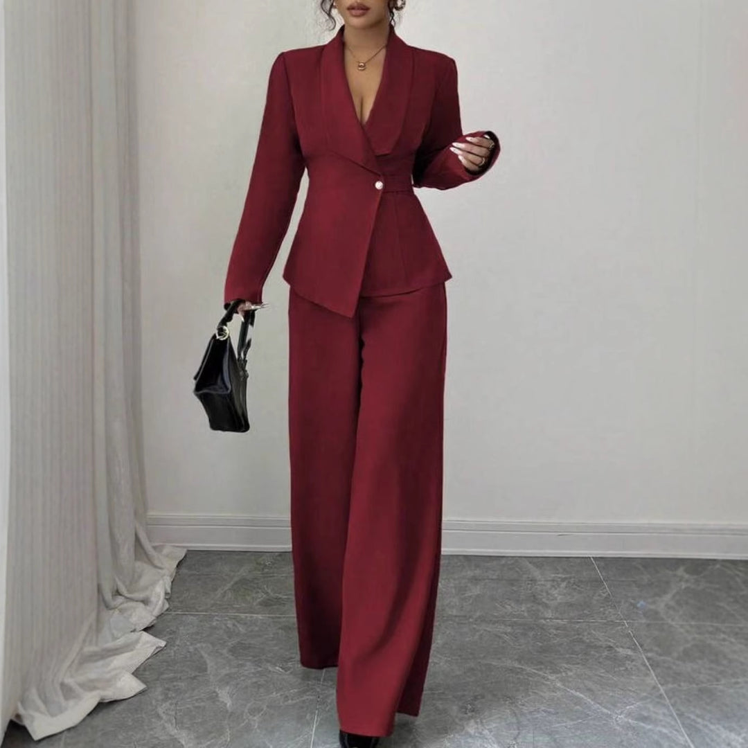 Damen tailliertes Hosenanzug-Set mit asymmetrischem Blazer und weitem Bein Drune