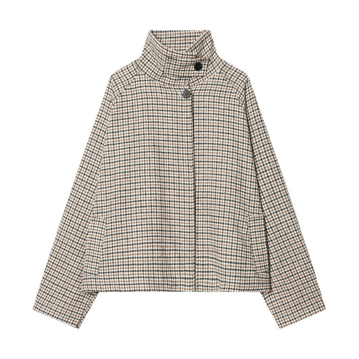 Damen Kurzjacke im Hahnentritt‑Muster mit hohem Stehkragen und Oversize‑Raglanärmeln Drune
