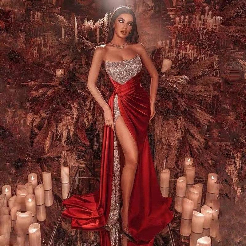 Damen Glamouröses Abendkleid mit schimmerndem Oberteil und verführerischem Schlitz Drune