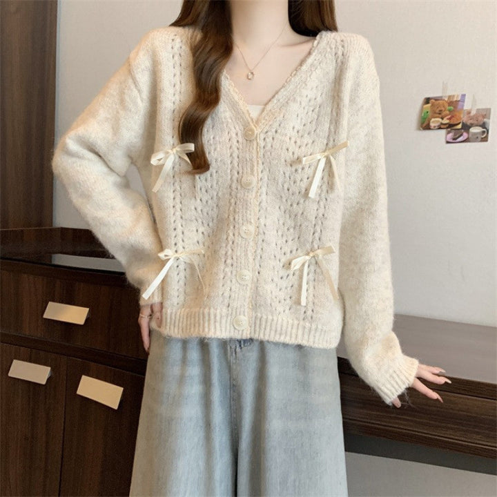 Damen gemütlicher Strickcardigan mit Schleifen Drune