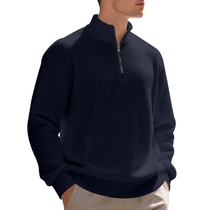 Herren Waffelstrick-Halbzip-Pullover mit Stehkragen, Kängurutasche & gerippten Abschlüssen Drune