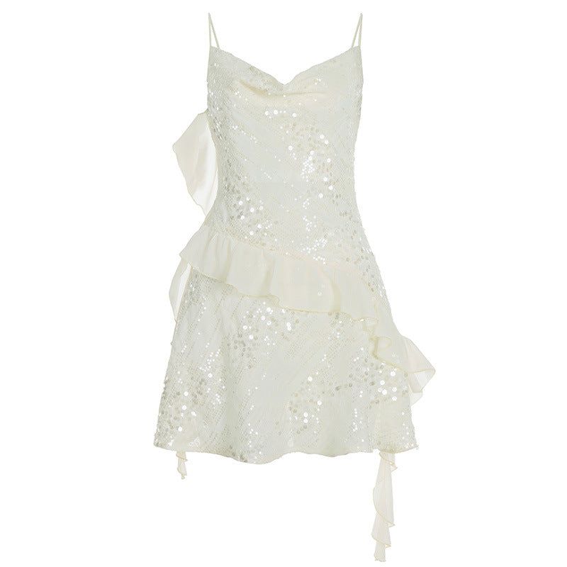 Damen funkelndes Minikleid mit Rüschendetails und verzierten Pailletten Drune