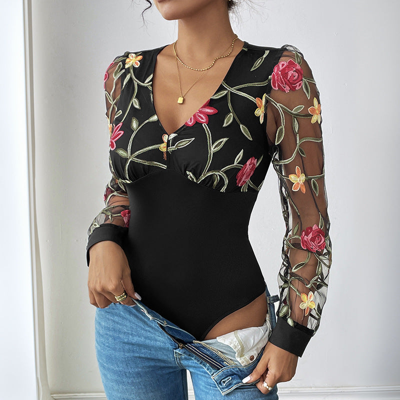 Damen Bestickter Mesh-Body mit V-Ausschnitt und transparenten Blumenärmeln Drune
