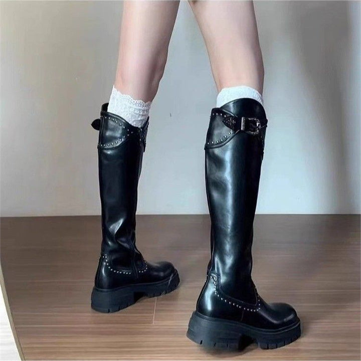Damen kniehohe klobige Plateau-Bikerstiefel mit Nieten und Schnallenriemen Drune