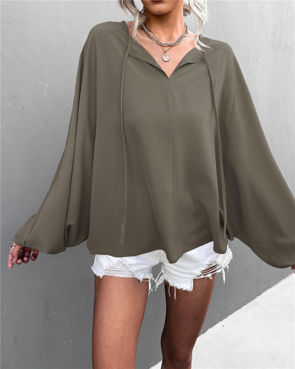 Damen luftiges Blusenshirt mit weiten Ärmeln und modischem Schleifendetail Drune