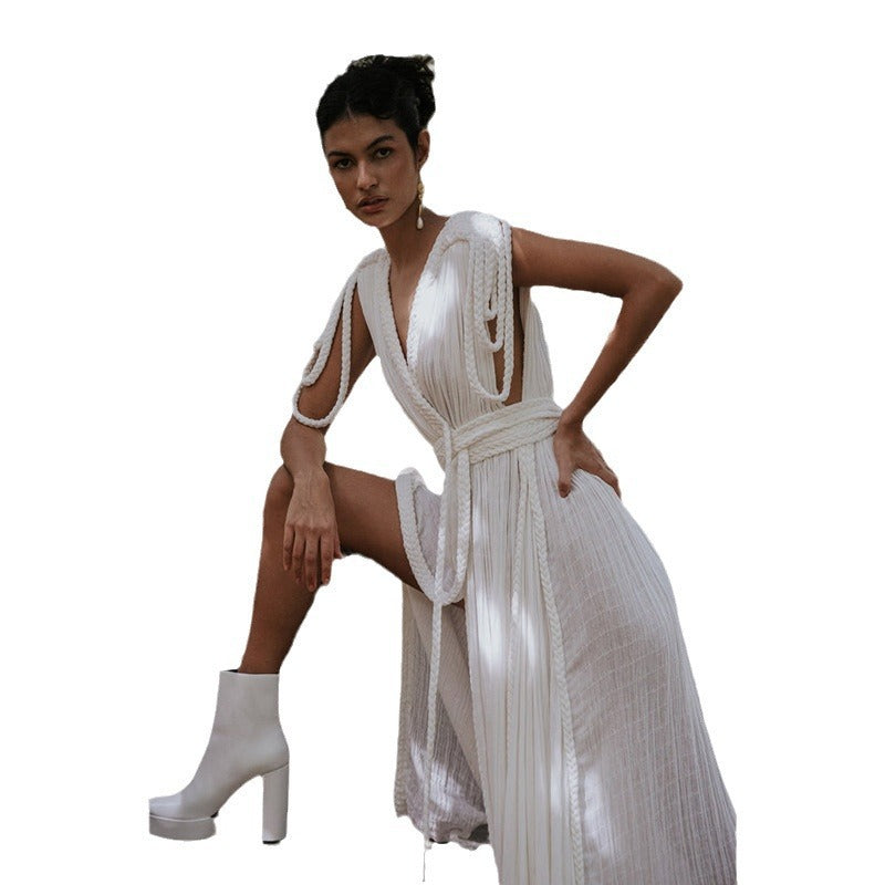 Damen Maxikleid mit tiefem V-Ausschnitt und seitlichem Schlitz Drune