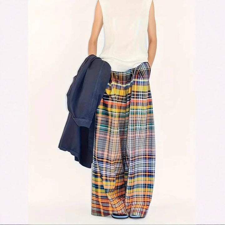 Damen weite Karohose mit elastischem Bund und fester Webstruktur Drune