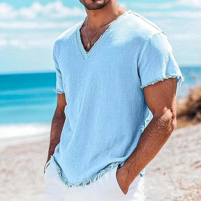 Herren lässiges V-Ausschnitt Shirt mit ausgefranstem Saum Drune