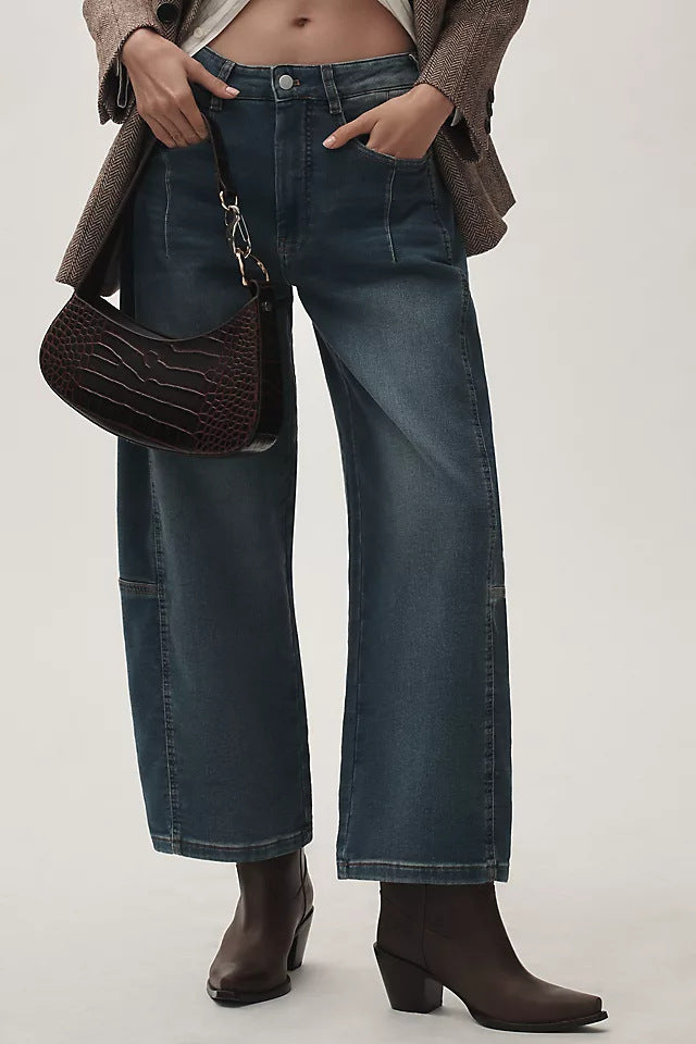 Damen nan hochgeschnittene weite Culotte-Jeans mit verkürzter Länge und dekorativen Nahtdetails Drune