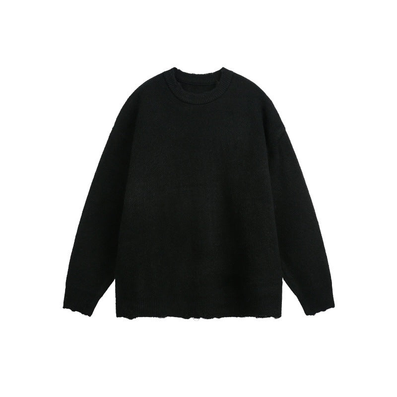 Unisex Oversize Grobstrickpullover mit Rundhalsausschnitt und ausgefranstem Saum Drune