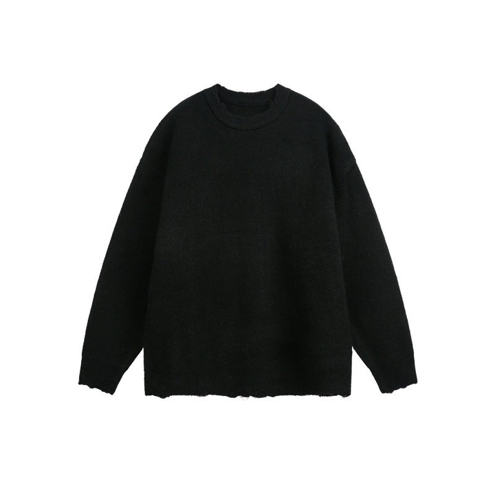 Unisex Oversize Grobstrickpullover mit Rundhalsausschnitt und ausgefranstem Saum Drune