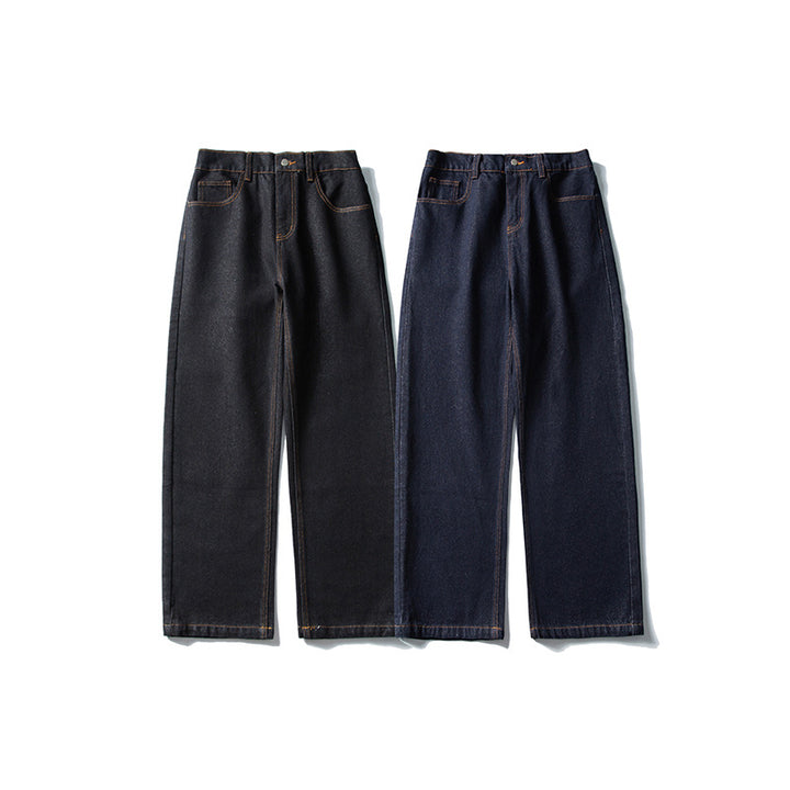 Damen High‑Waist gerade geschnittene Denim-Jeans mit weitem Bein und sichtbaren Kontrastnähten Drune