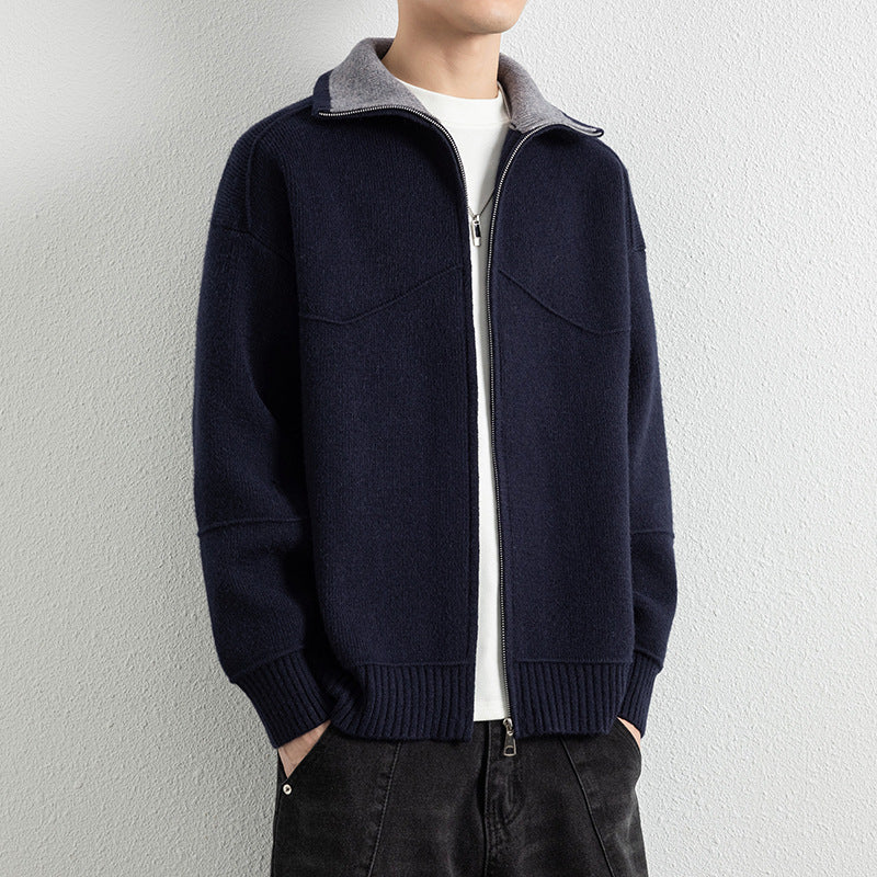 Herren Strick-Zipjacke mit Kontrastkragen und Rippbündchen Drune