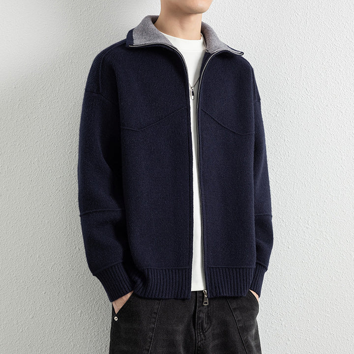 Herren Strick-Zipjacke mit Kontrastkragen und Rippbündchen Drune