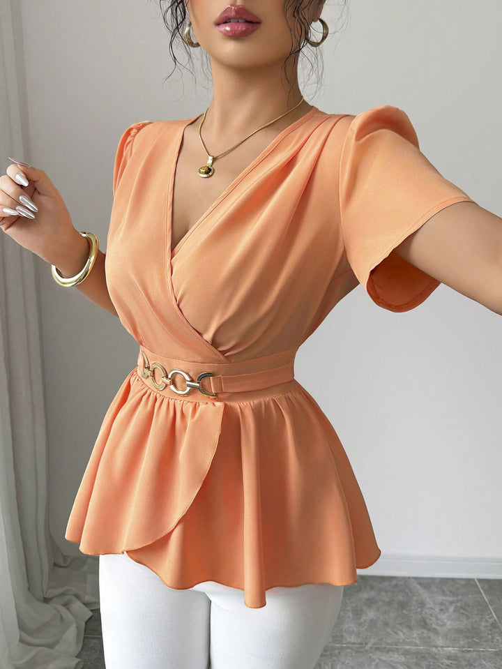 Damen Wickelbluse mit Taillen-Gürtel und asymmetrischem Volant Drune