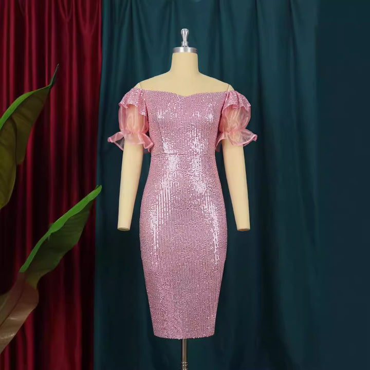 Damen Glitzerndes Cocktailkleid mit schulterfreiem Design und voluminösen Puffärmeln Drune