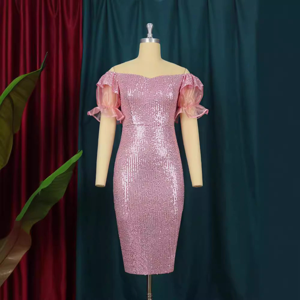 Damen glamouröses Abendkleid mit Glitzer und transparenten Puffärmeln Drune