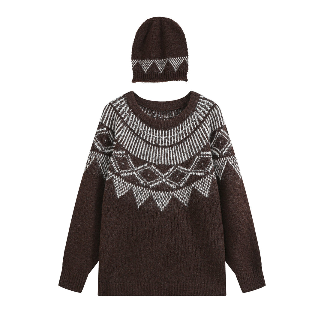 Damen Oversize Norweger‑Strickpullover mit Rundhalsausschnitt und passender Strickmütze Drune