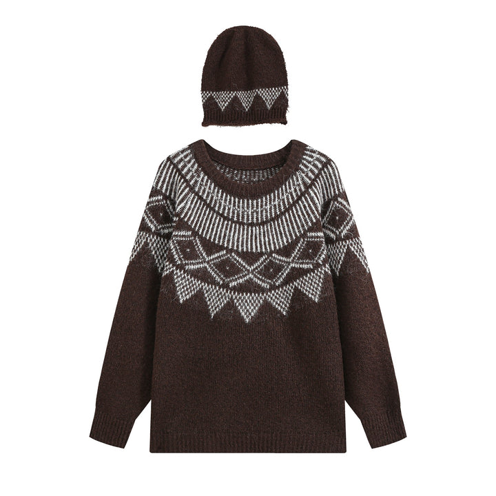 Damen Oversize Norweger‑Strickpullover mit Rundhalsausschnitt und passender Strickmütze Drune
