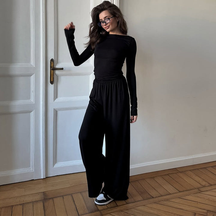 Damen Loungewear Set aus langärmligem Oberteil und weit geschnittenen Hosen Drune