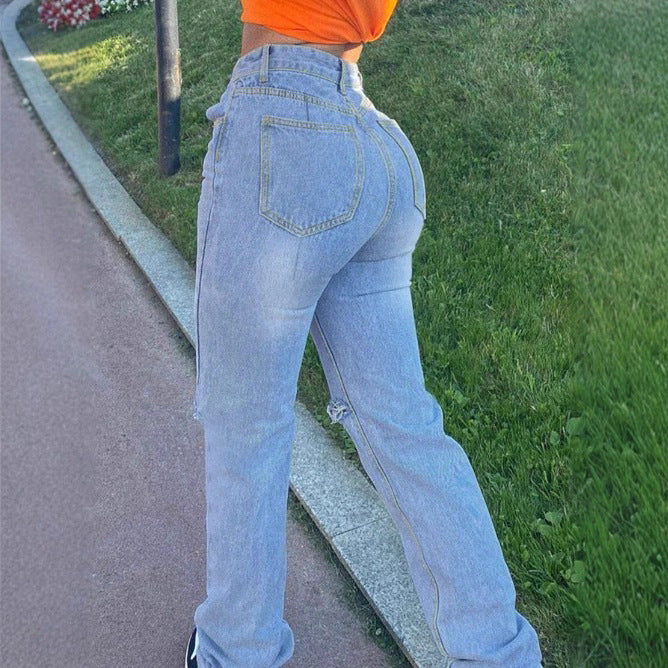 Damen hochtaillierte Jeans mit geradem Bein, Knie‑Rips und gestapeltem Saum Drune