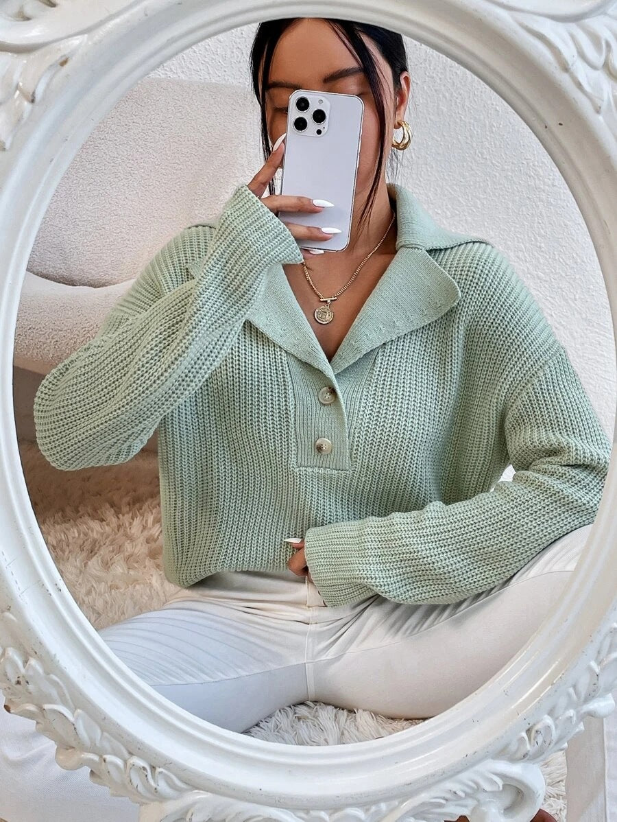 Damen eleganter und lässiger Strickpullover mit Kragen und Knopfleiste Drune