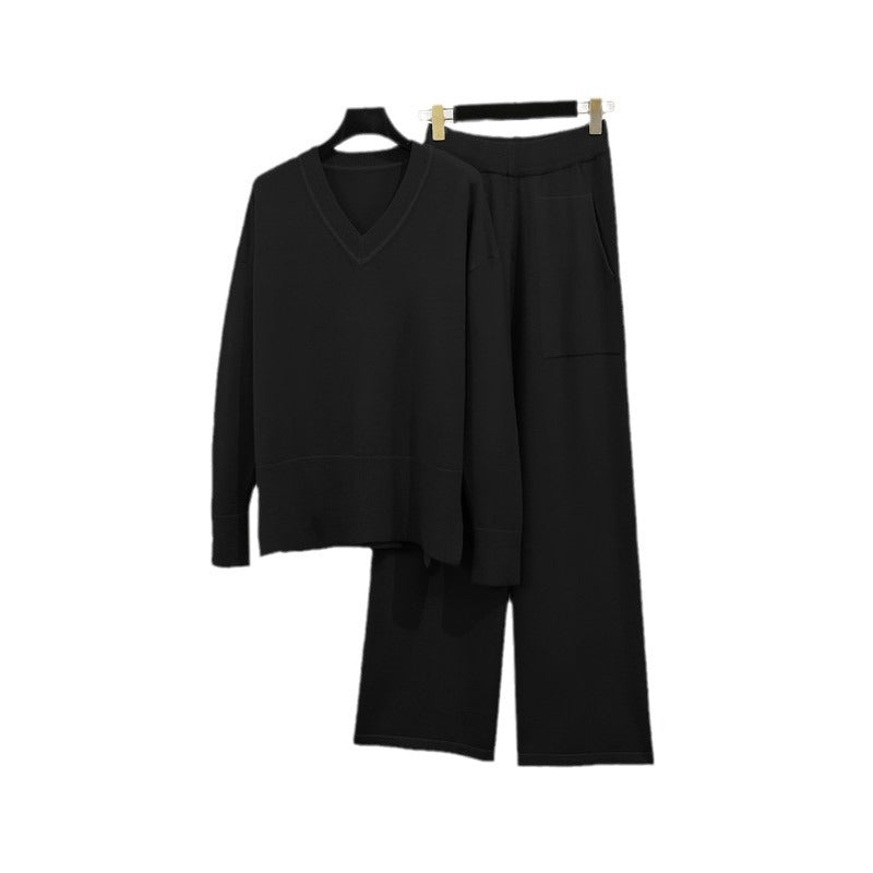 Damen lässiges Strick-Loungewear-Set mit tiefem V-Ausschnitt und praktischen Taschen Drune