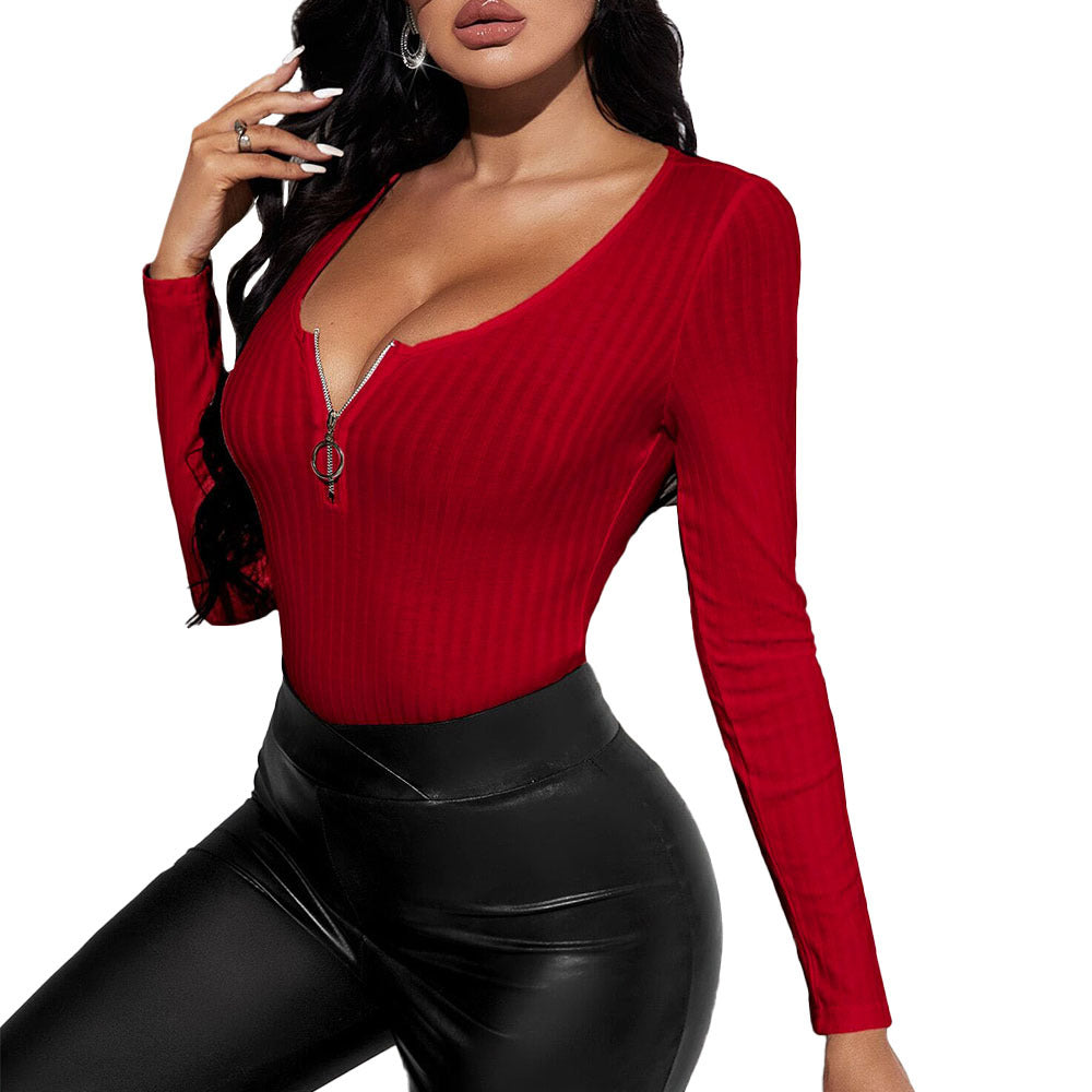 Damen Slim Fit Bodysuit mit tiefem V-Ausschnitt und Reißverschluss Drune