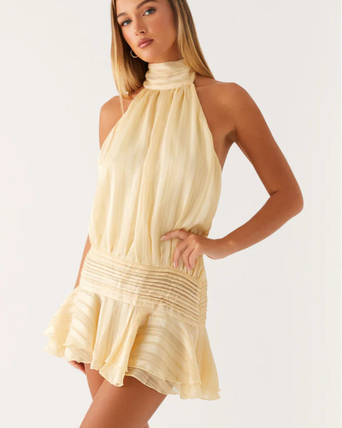 Damen Neckholder Minikleid mit Rüschensaum und gepolstertem Oberteil Drune