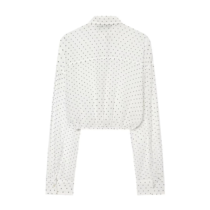 Damen Gepunktete Cropped-Bluse mit Kordelzug und Hemdkragen Drune