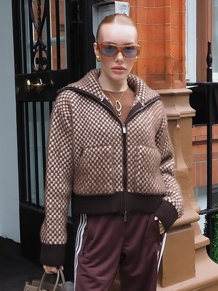 Damen Kurzgeschnittener Strick-Zipcardigan mit Kapuze und Strukturmuster Drune