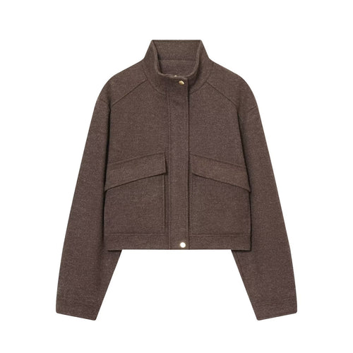 Damen Kurz geschnittene Wollmix-Boxy-Jacke mit Stehkragen und Pattentaschen Drune