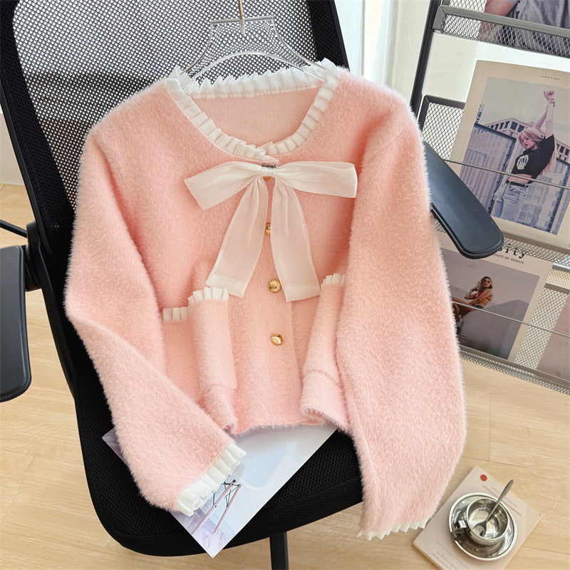 Damen Flauschiger Cardigan mit elegantem Schleifenkragen und dekorativen Knöpfen Drune