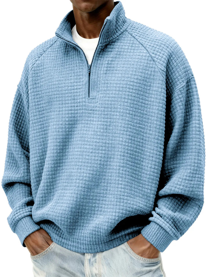 Herren Waffelstrick-Oversize-Pullover mit Halbreißverschluss und Stehkragen Drune
