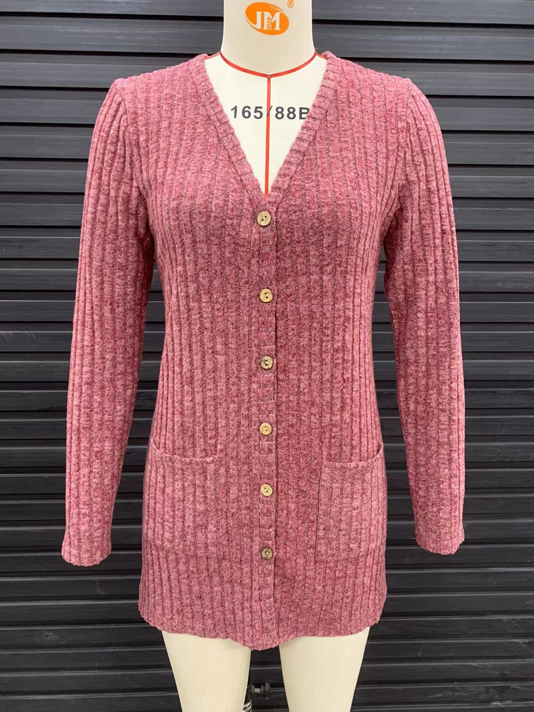 Damen Lang geschnittene Rippstrick‑Cardigan mit Knopfleiste und Eingrifftaschen Drune