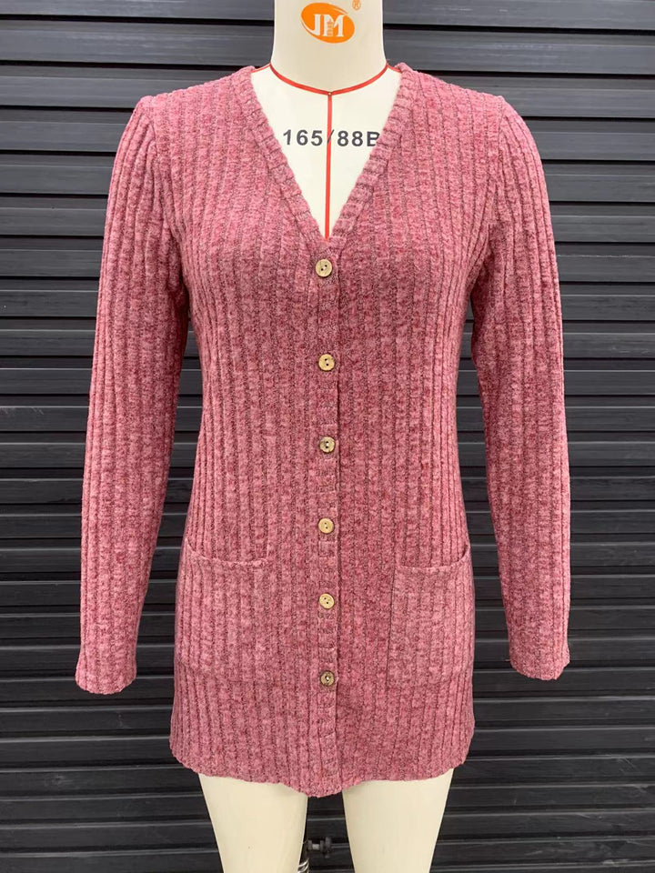 Damen Lang geschnittene Rippstrick‑Cardigan mit Knopfleiste und Eingrifftaschen Drune