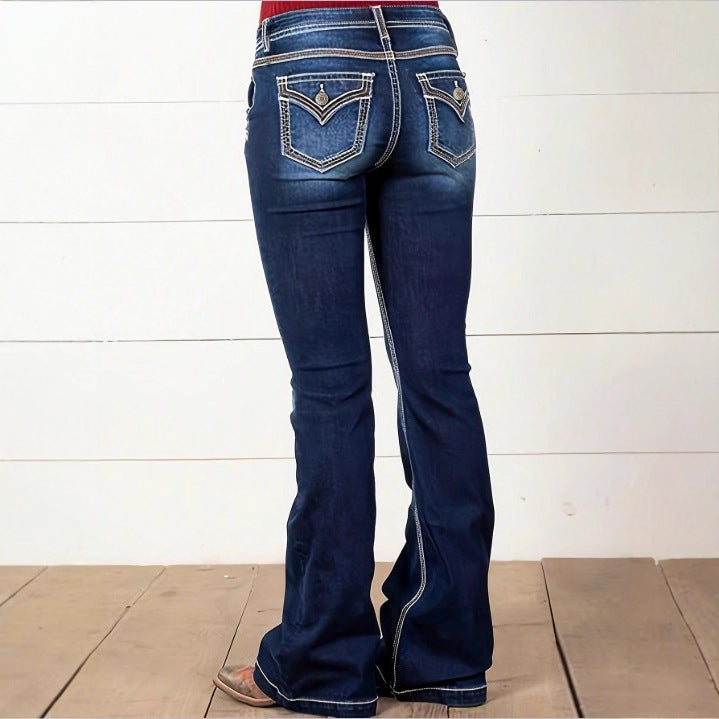 Damen Hochtaillierte Flared-Jeans mit dekorativen Metallknöpfen und Kontraststeppung Drune