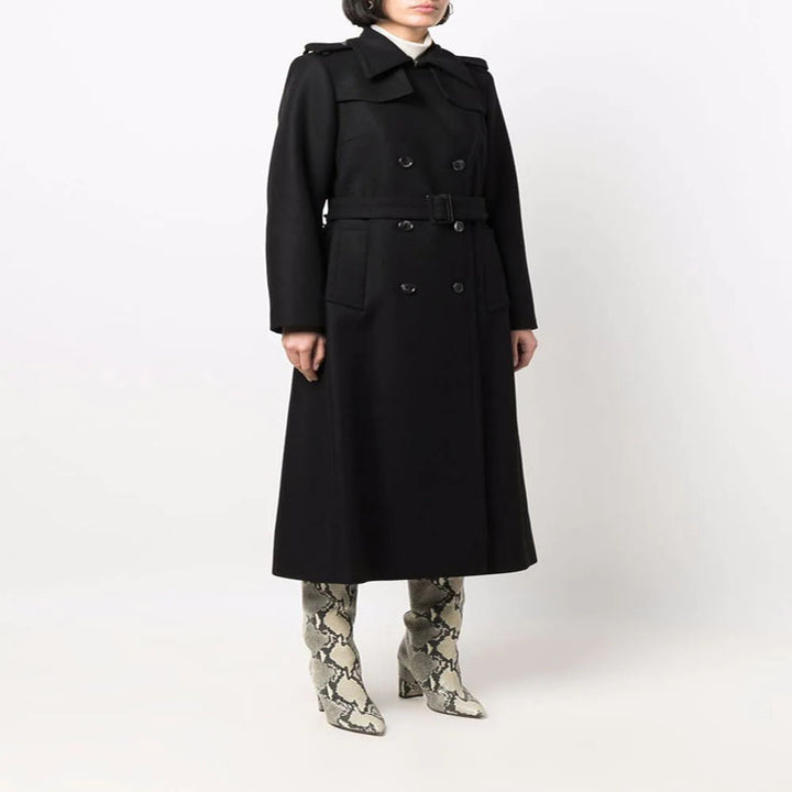 Damen Gehrock-Mantel im Trenchcoat-Stil mit betonter Taille und Schulterriegel Drune