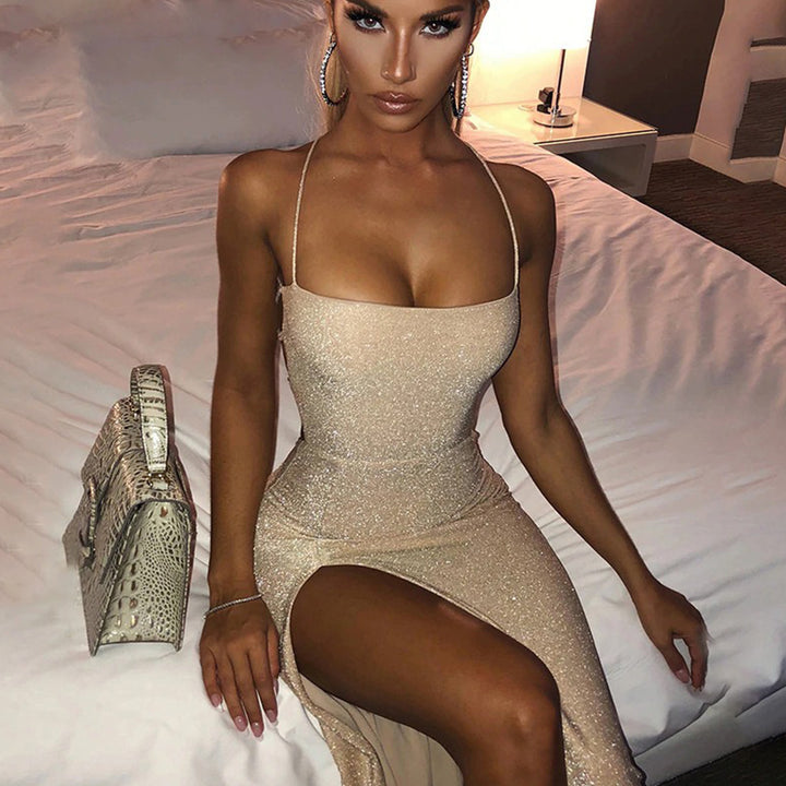 Damen Elegantes Maxikleid mit Spaghettiträgern und seitlichem Schlitz Drune
