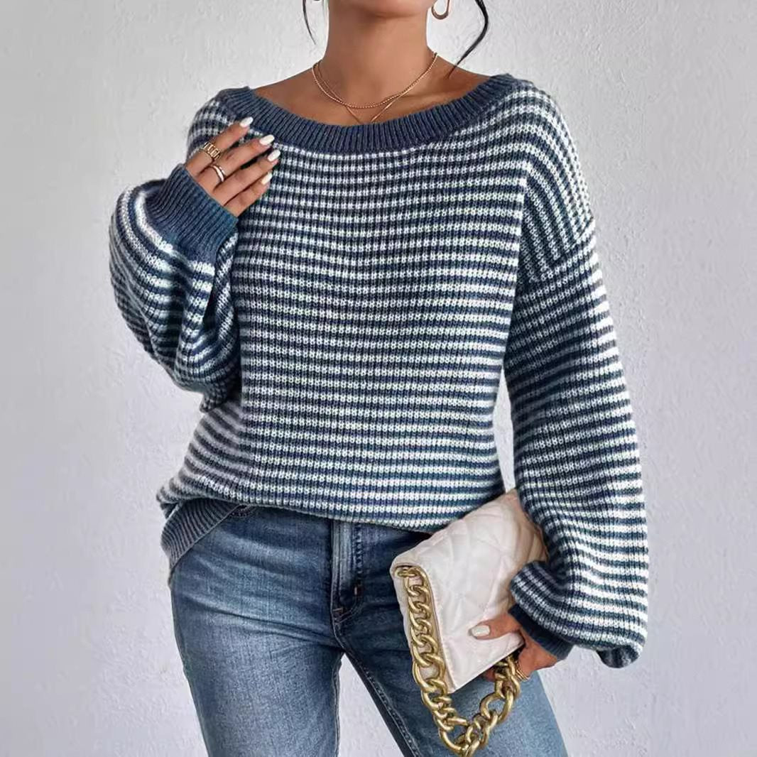 Damen oversized Strickpullover mit V-Ausschnitt und dekorativem Muster Drune