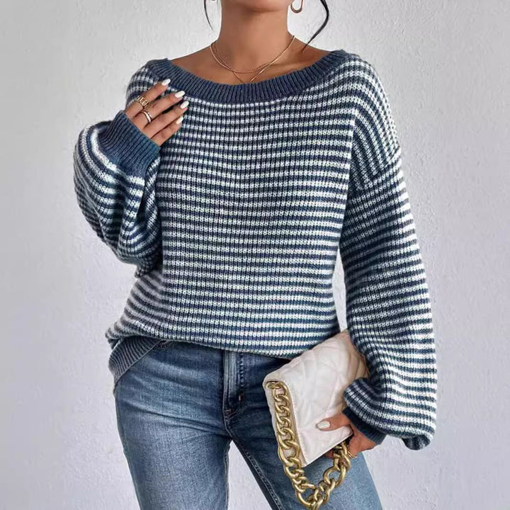 Damen oversized Strickpullover mit V-Ausschnitt und dekorativem Muster Drune