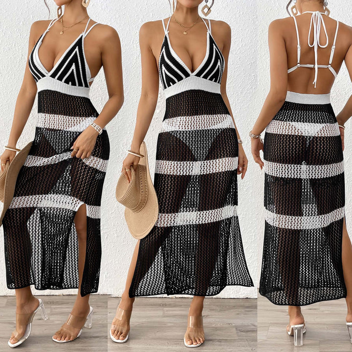 Damen gehäkelter Strandüberwurf mit stilvollem V-Ausschnitt und eleganten Streifendetails Drune